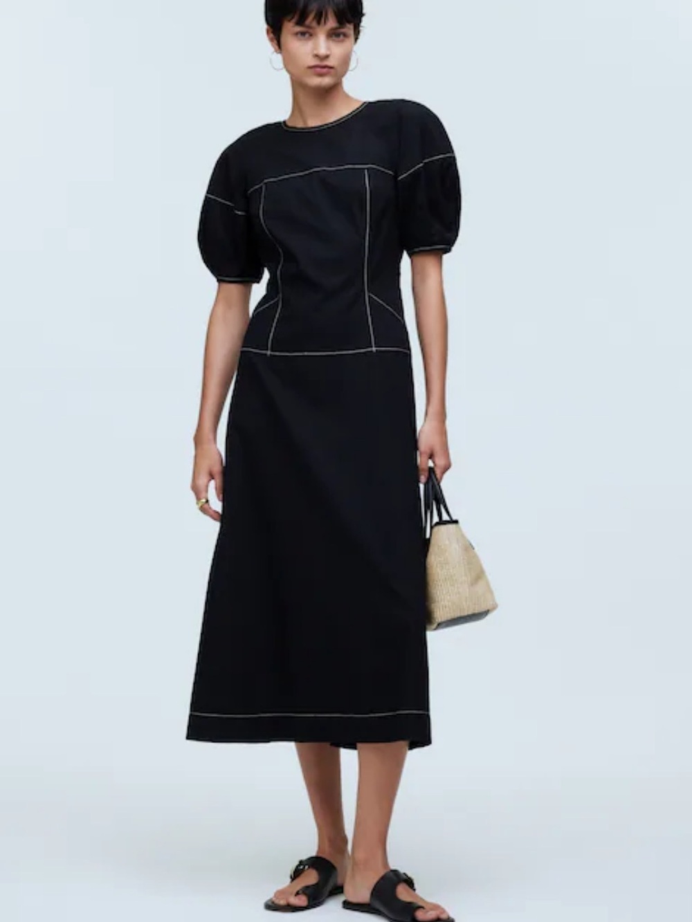 NWT Madewell Puff-Sleeve Drop-Waist Contrast Stitch Midi Dress *Flawed*